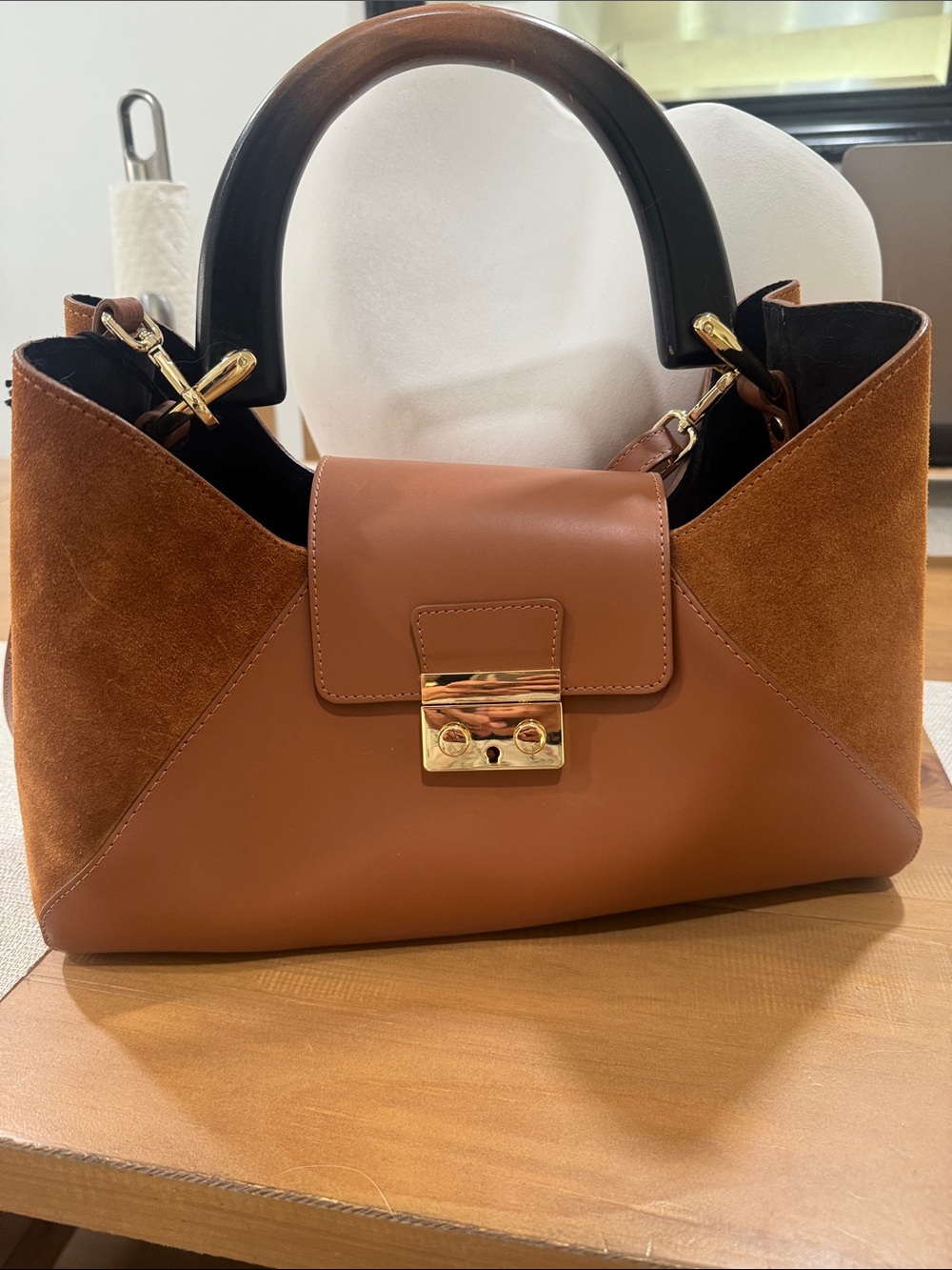 Claudia Firenze Brown Leather & Suede Top-wood Handle Satchel